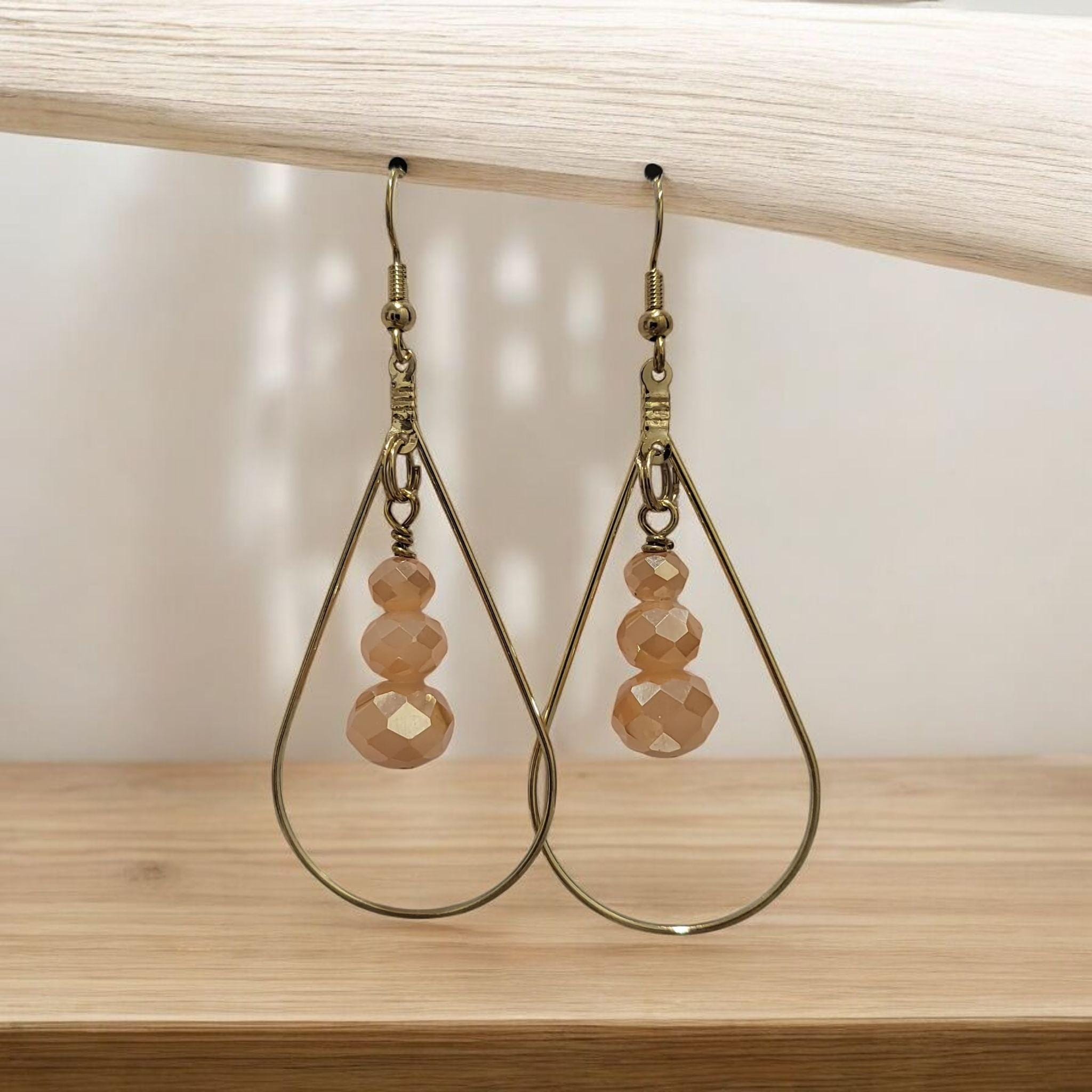 Handmade Peach Beaded Teardrop Earrings | Gold Wire | Lightweight & Elegant Jewelry