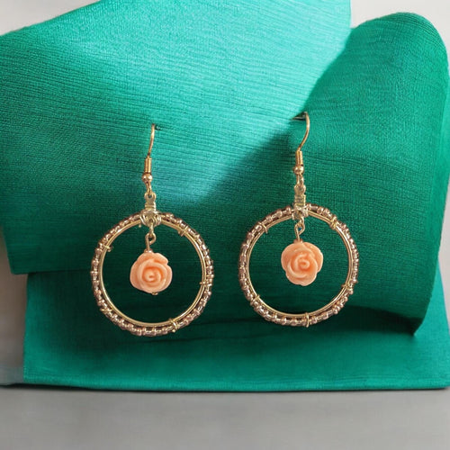 Blush Rose Dangle Earrings – Gold Hoop Floral Earrings