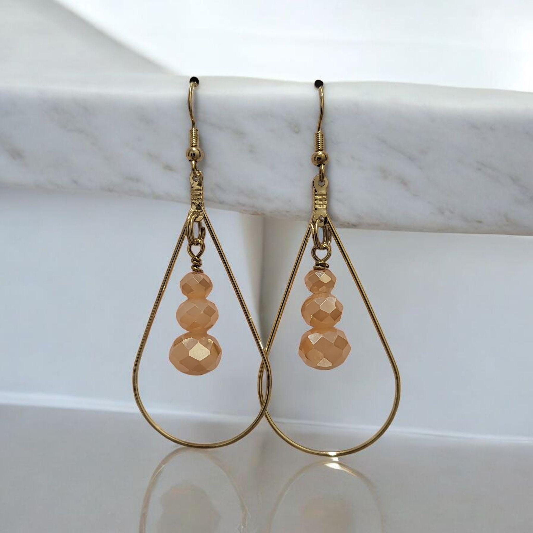 Handmade Peach Beaded Teardrop Earrings | Gold Wire | Lightweight & Elegant Jewelry