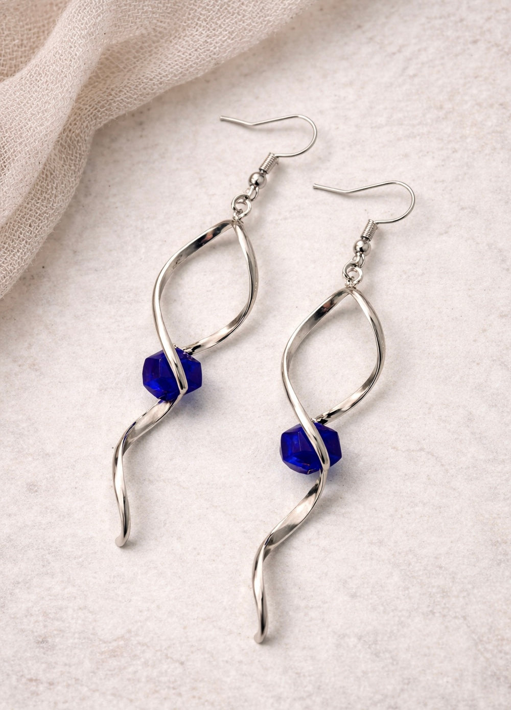 Twisted Silver Drop Earrings with Sapphire Blue Crystal