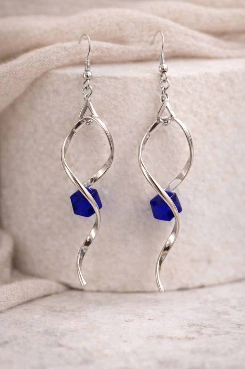 Twisted Silver Drop Earrings with Sapphire Blue Crystal